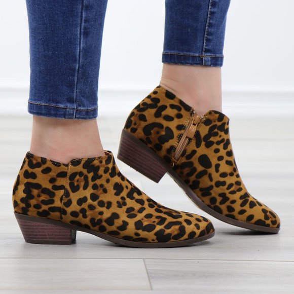 Shoes - Faux Suede Leopard Low Heel Ankle Boots